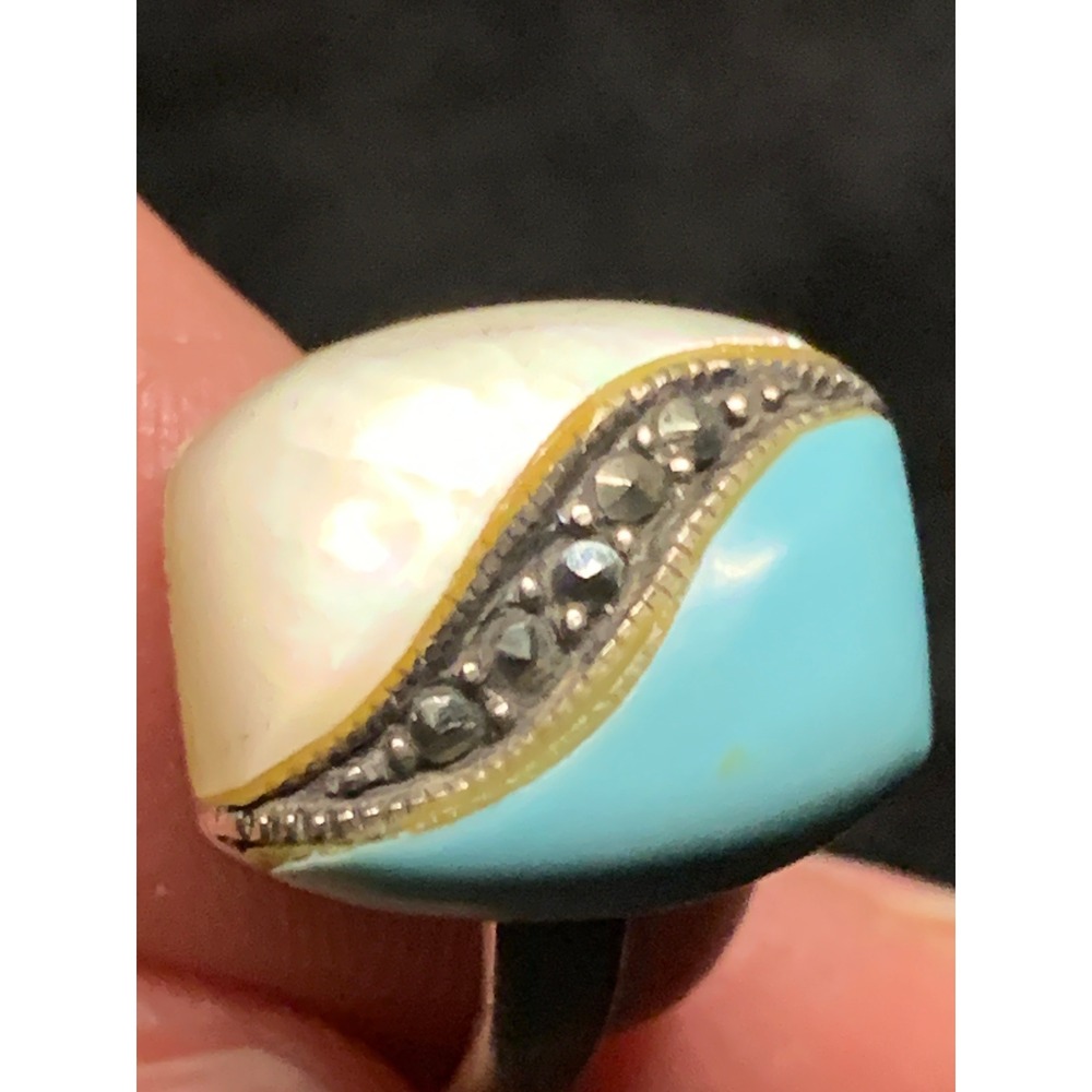 Vintage Sterling Silver 925 Turquoise Mother of Pearl Marcasite Ring Size 5.75
